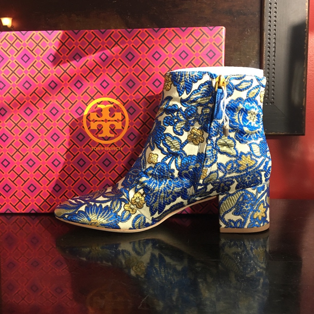 NEW! TORY BURCH Ankle Boot GO GO Blue Gold Brocade NIB - Picture 2 of 8